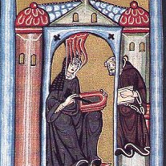 Hildegard channelling the Holy Spirit and her scribe taking it all down! 